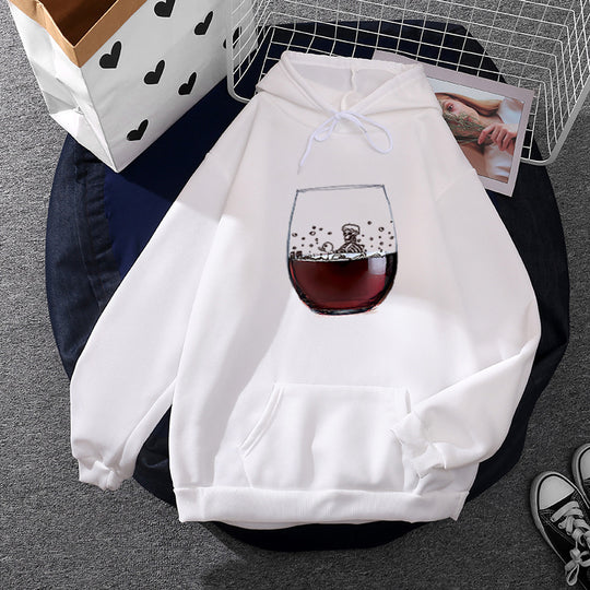 Damen nan lässiger Kapuzenhoodie mit fotorealistischer Weinglas‑Grafik, Kängurutasche und weichem Fleece Shop Nory