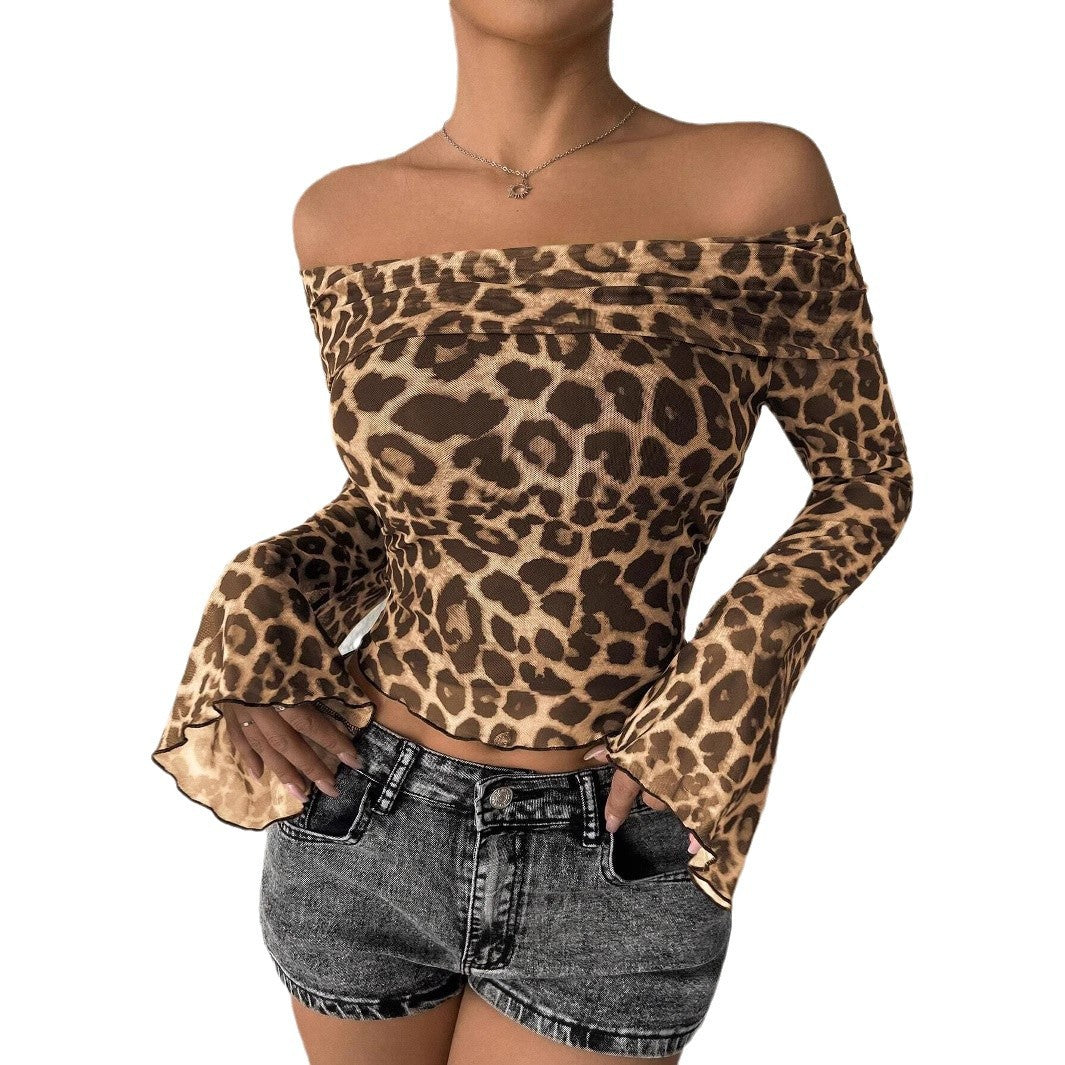 Damen Off-Shoulder Oberteil mit Leopardenmuster und fließenden Ärmeln