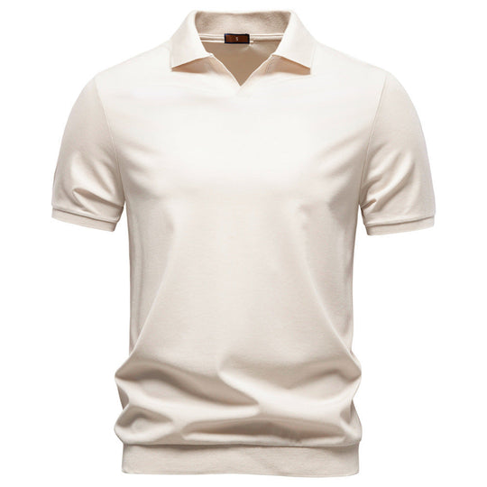 Herren nan feinstrickiges Kurzarm-Poloshirt mit offenem V-Kragen und elastischem Saum
