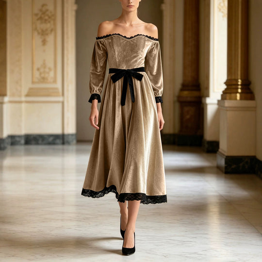 Damen Schulterfreies Samtkleid mit Spitzenbesatz, Samt-Taillengürtel und ausgestelltem Midirock Shop Nory