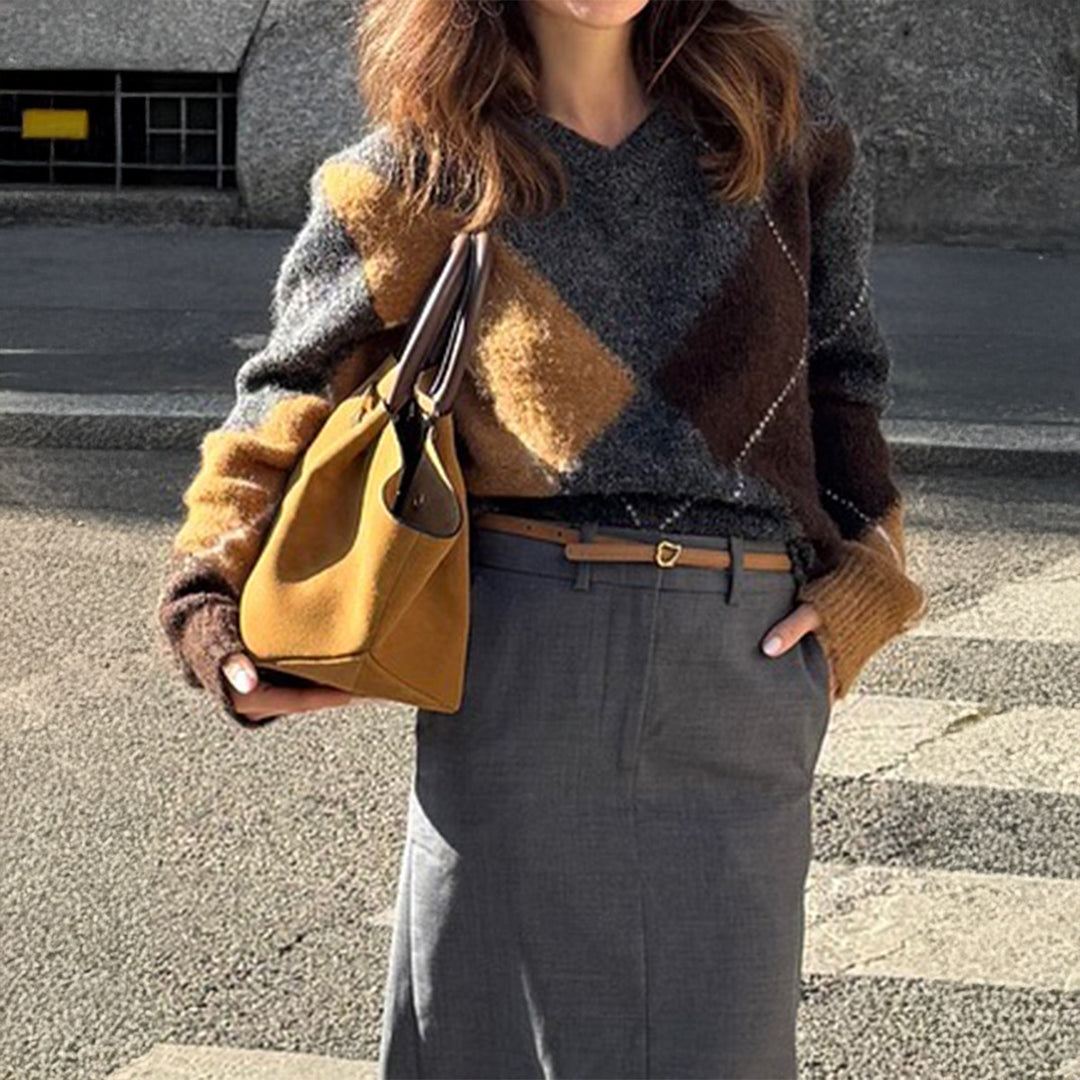 Damen nan oversized Argyle-Strickpullover mit kastigem Schnitt und geripptem Rundhalsausschnitt Shop Nory
