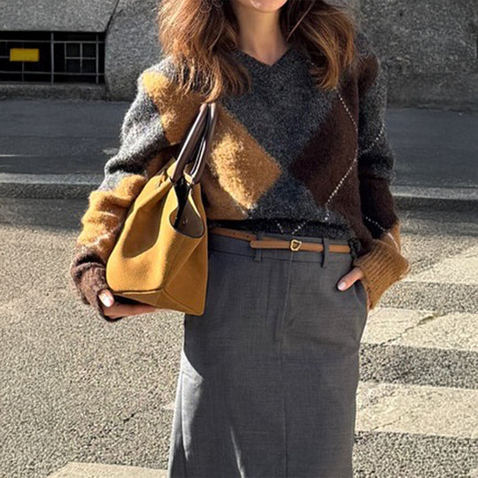 Damen nan oversized Argyle-Strickpullover mit kastigem Schnitt und geripptem Rundhalsausschnitt Shop Nory