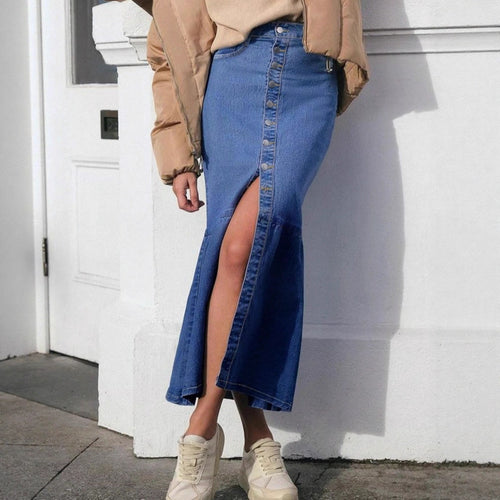 Damen Hochtaillierter Maxi-Jeansrock mit durchgehender Knopfleiste und hohem Frontschlitz Shop Nory