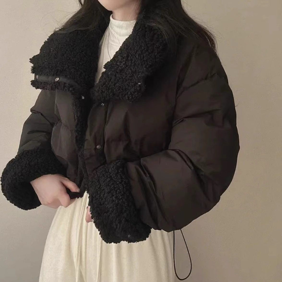 Damen nan kurze gesteppte Pufferjacke mit Teddykragen, krempelbaren Ärmeln und Tunnelzugsaum Shop Nory