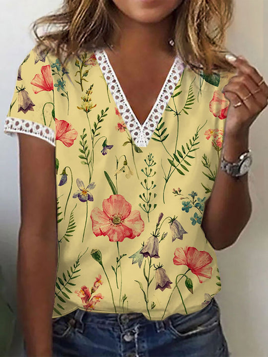 Elegantes T-Shirt mit Kurzen Ärmeln und V-Ausschnitt Print für Damen