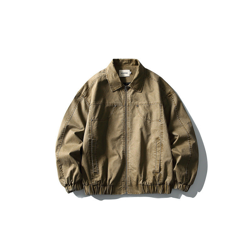 Unisex Kurze kastige Denim-Blousonjacke mit Reißverschluss, Hemdkragen und elastischem Saum Shop Nory