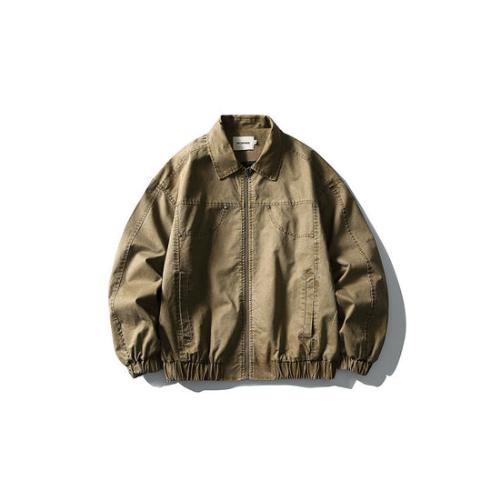 Unisex Kurze kastige Denim-Blousonjacke mit Reißverschluss, Hemdkragen und elastischem Saum Shop Nory