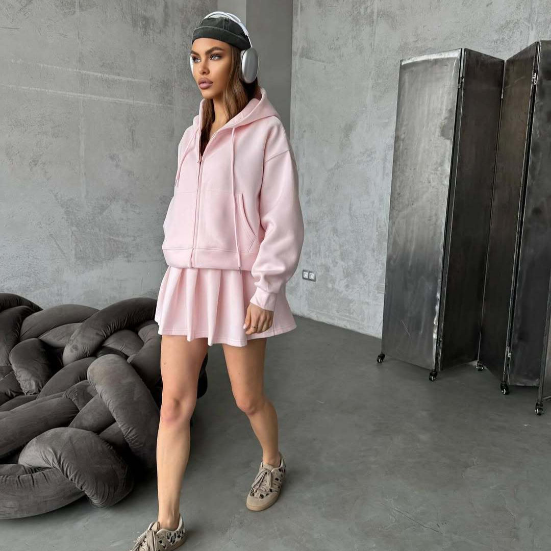 Damen Kurzzip-Kapuzenjacke mit plissiertem Minirock-Lounge-Set Shop Nory