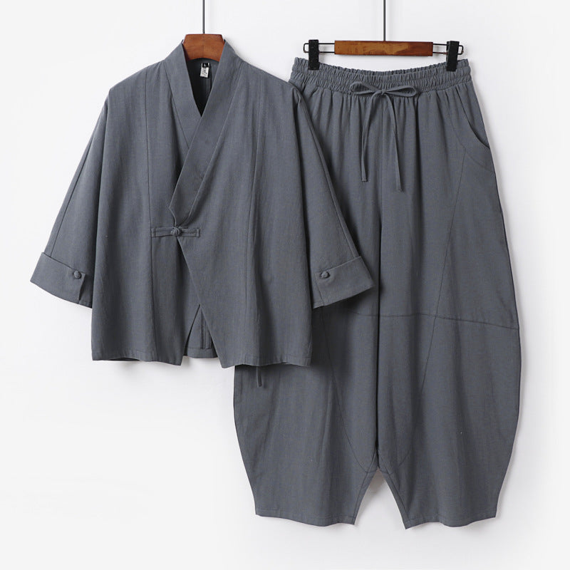 Herren Minimalistisches Kimono-Lounge-Set aus atmungsaktivem Baumwollmix mit ballonförmiger Bundhose Shop Nory