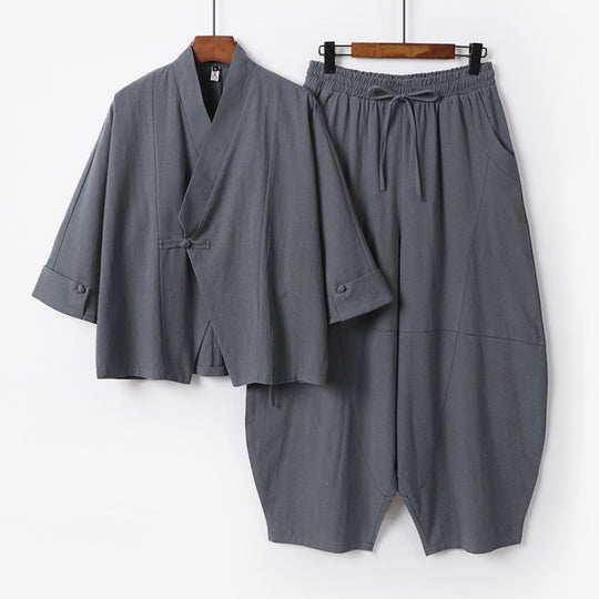 Herren Minimalistisches Kimono-Lounge-Set aus atmungsaktivem Baumwollmix mit ballonförmiger Bundhose Shop Nory