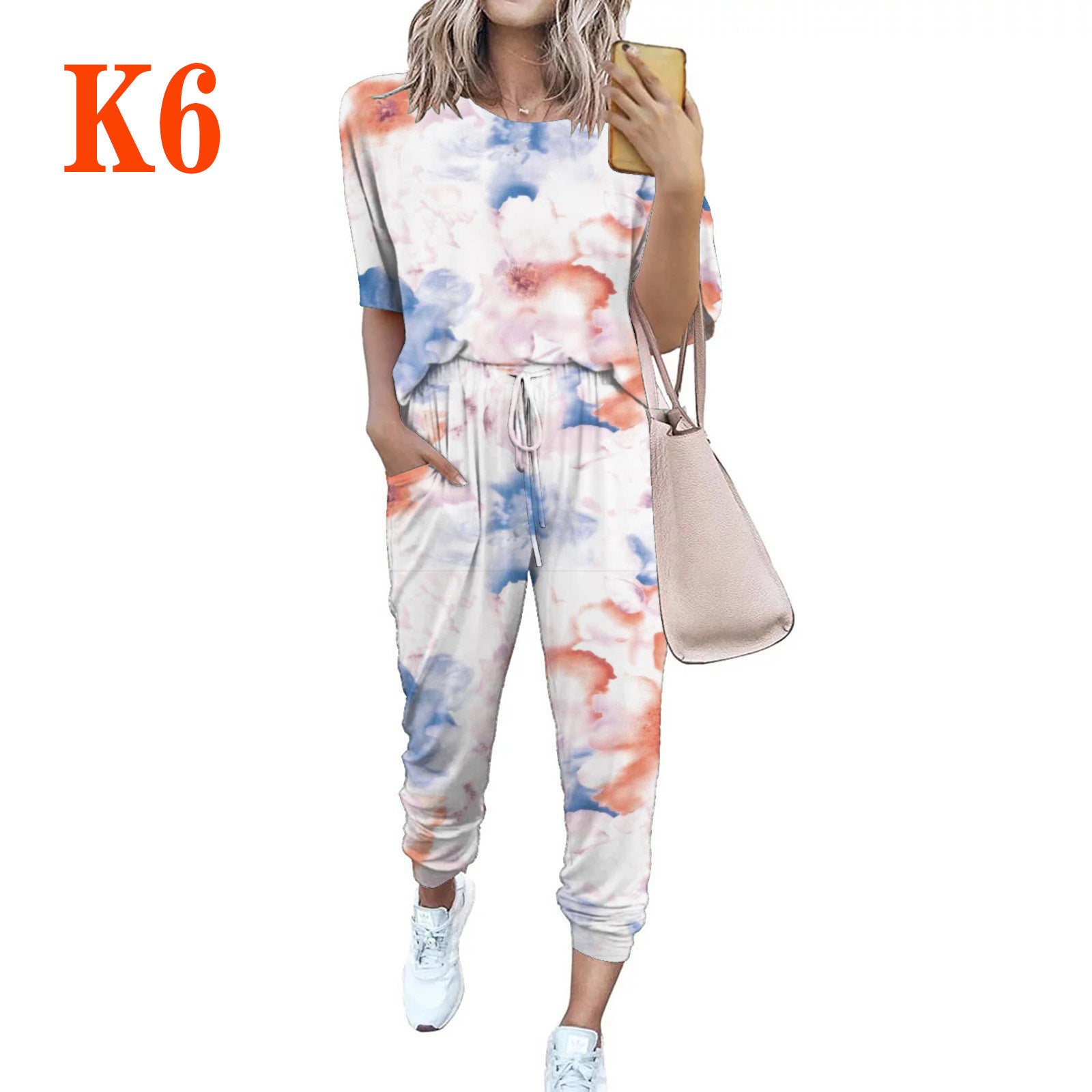 Damen lässiger Jumpsuit mit modischem Batikdesign und praktischen Taschen Shopnory