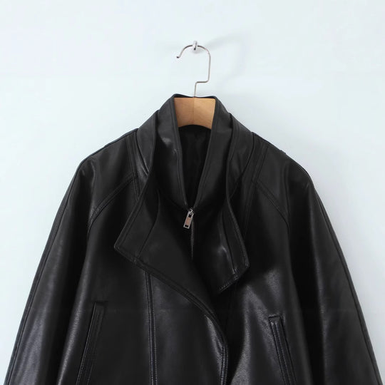 Damen Oversized Kunstlederjacke mit hohem Stehkragen und doppelreihiger Knopfleiste Shop Nory