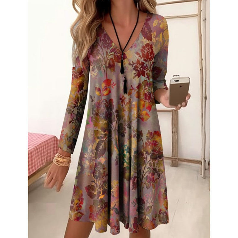 Damen V-Ausschnitt Freizeitkleid mit floraler Gestaltung und seitlichen Taschen