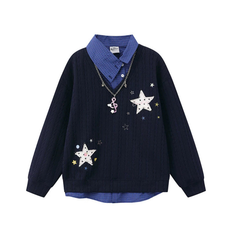 Damen Lagen-Look Strickpullover mit angenähter Hemdblende, Sternapplikationen und Ketten‑Charm Shop Nory