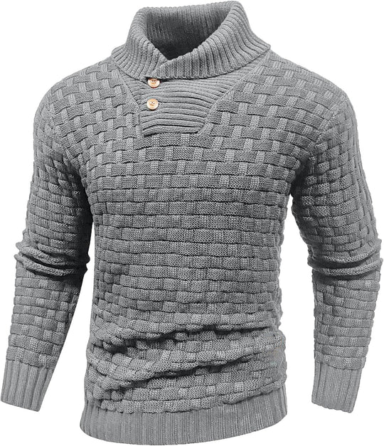 Herren Grobgestrickter Pullover mit hohem Rollkragen, Knopfleiste und Körbchenstrick Shop Nory