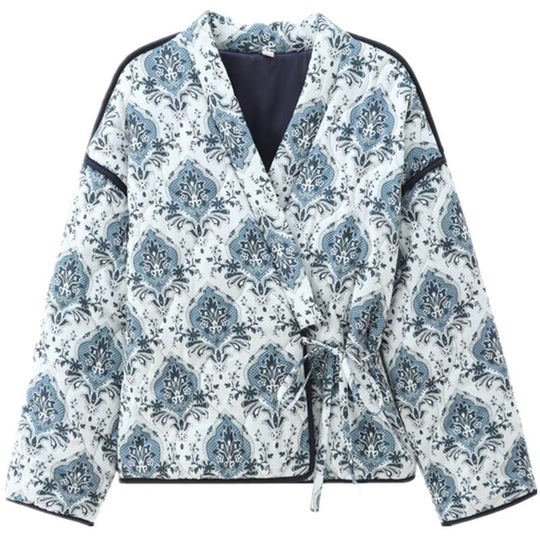 Damen gewattete Kimono-Jacke mit Taillengürtel und ornamentalem Print Shop Nory