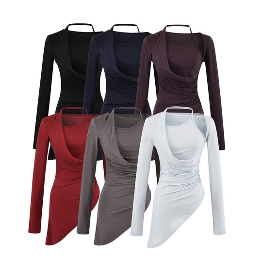 Damen Figurbetontes Langarm-Midikleid mit asymmetrischem Saum, Raffung und Neckholder Shop Nory