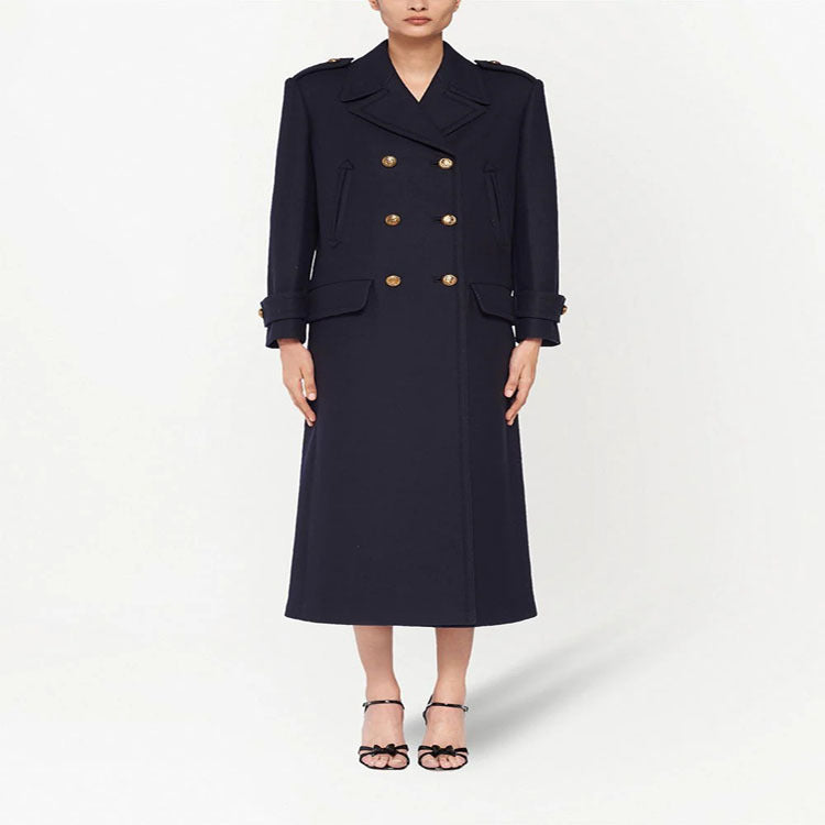 Damen Doppelreihiger militärinspirierter Maxi‑Wollmantel mit Epauletten und Zierriegeln Shop Nory
