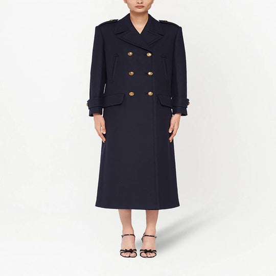 Damen Doppelreihiger militärinspirierter Maxi‑Wollmantel mit Epauletten und Zierriegeln Shop Nory