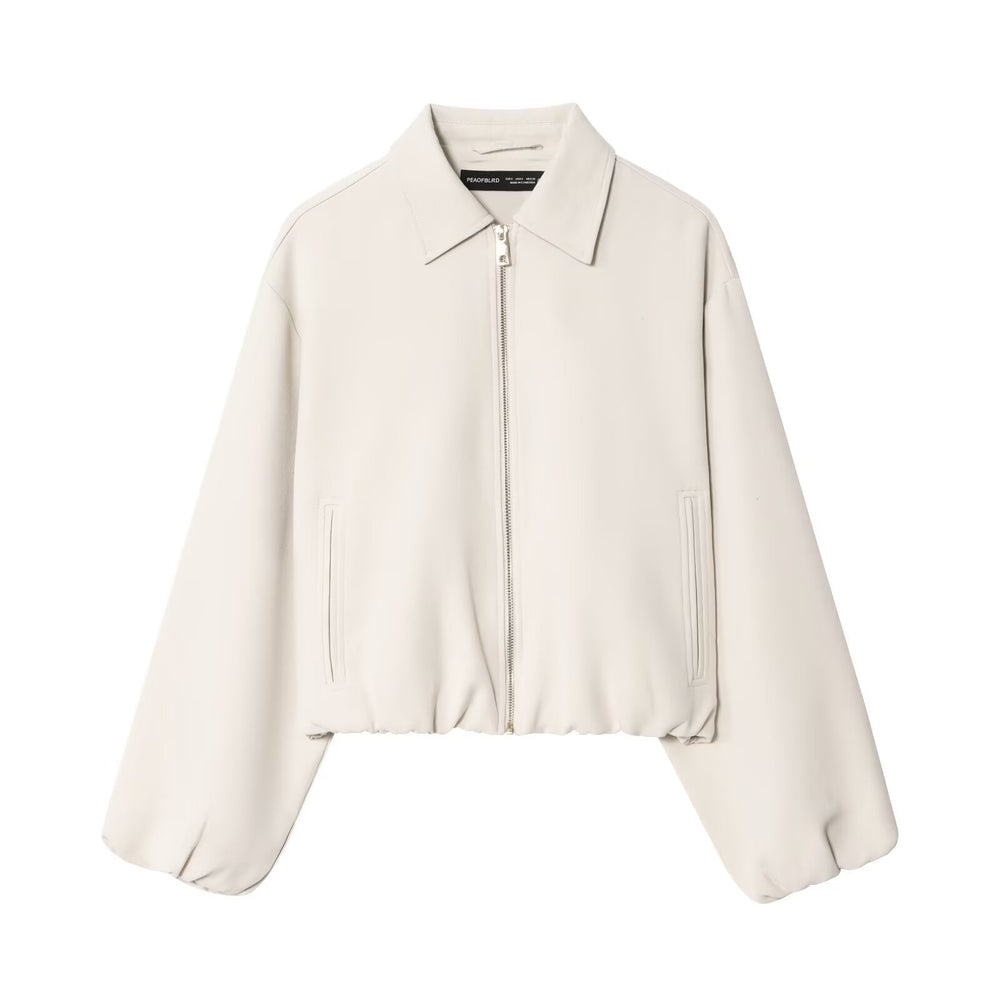 Damen Kurzjacke aus veganem Leder mit Kentkragen, durchgehendem Reißverschluss und gerafftem Saum Shop Nory