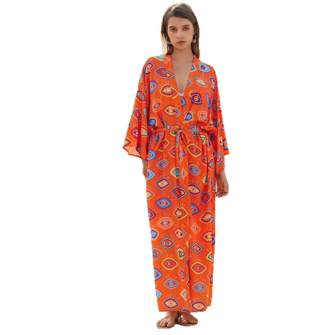Damen Langer Kaftan‑Kimono mit Taillengürtel, V‑Ausschnitt & grafischem Augenprint Shop Nory