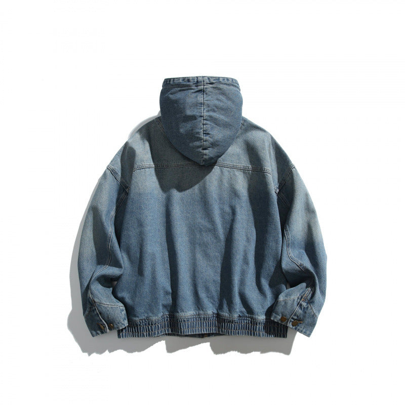 Unisex Oversize-Jeansjacke mit Kapuze, elastischem Saum und Kängurutaschen Shop Nory