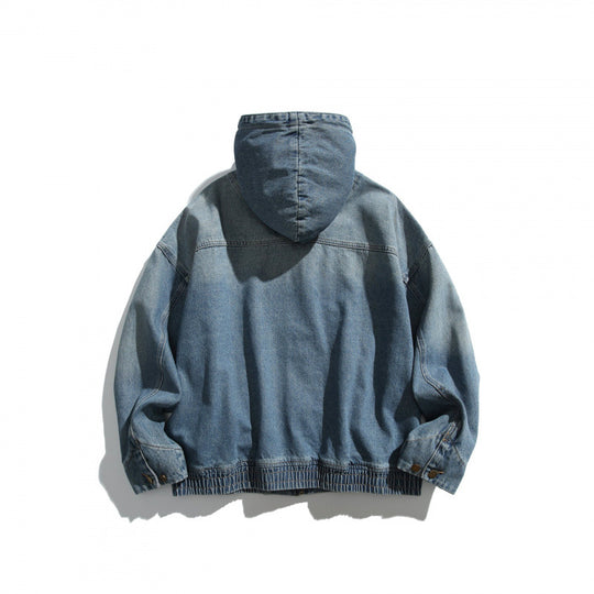 Unisex Oversize-Jeansjacke mit Kapuze, elastischem Saum und Kängurutaschen Shop Nory