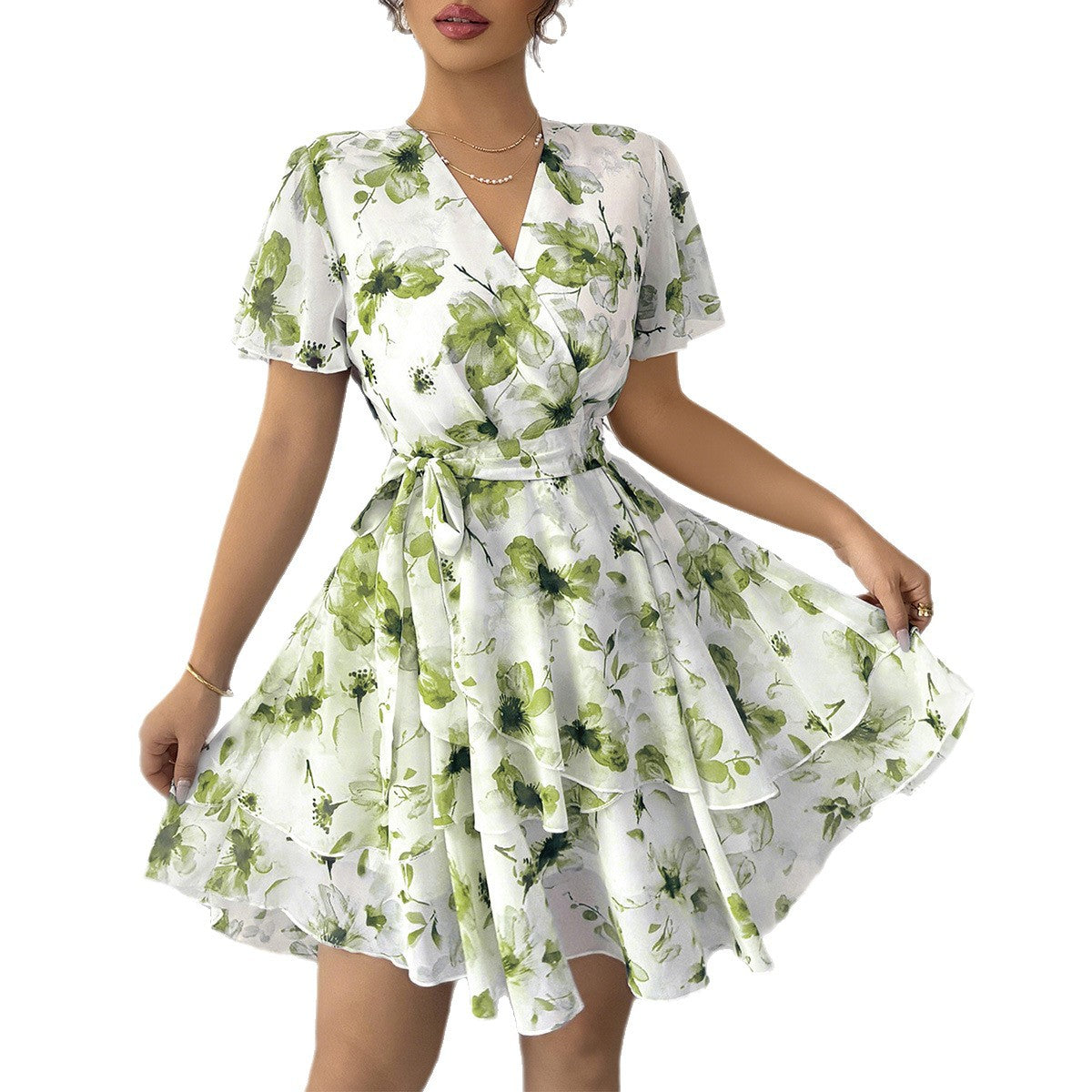 Damen Wickelkleid mit floralem Muster und schwingendem Rock