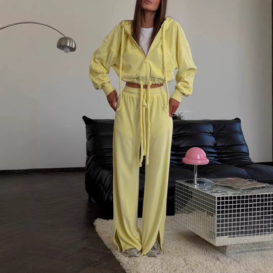 Damen Cropped Kapuzenjacke mit Kordelzug und weitem Split-Hose Lounge-Set Shop Nory