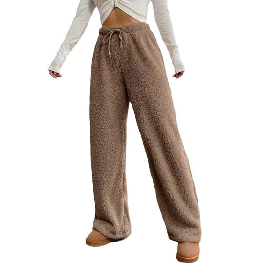 Damen nan hochtaillierte Teddyfleece-Loungehose mit weitem Bein, Kordelzug und seitlichen Eingrifftaschen Shop Nory