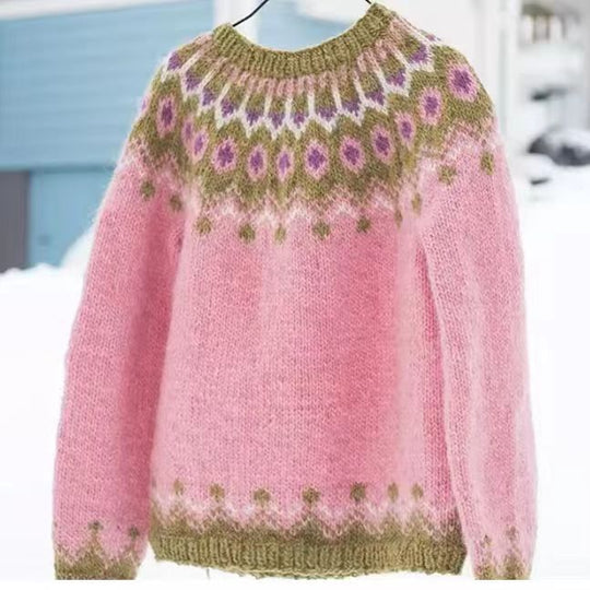 Damen nan melierter Rundhalsausschnittpullover mit kreisförmigem Jacquard-Yoke und geripptem Saum Shop Nory