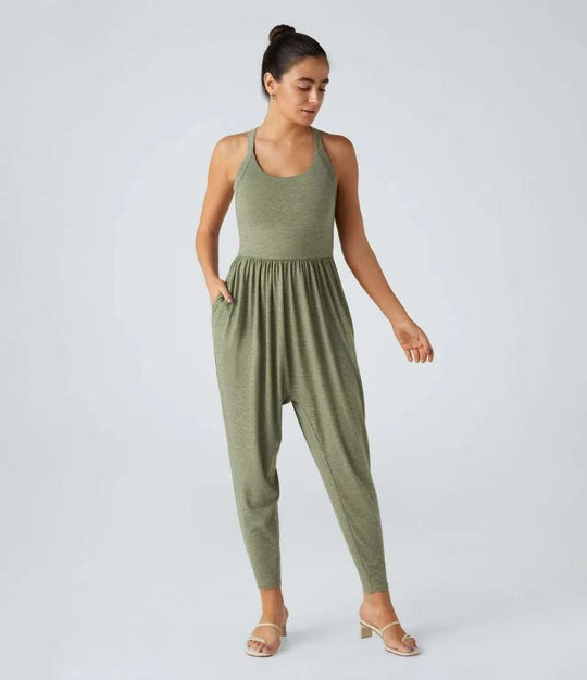 Damen nan lässiger Jersey-Overall mit Racerback, smockierter Taille und seitlichen Eingrifftaschen