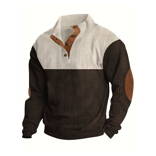 Herren Strukturierter Halbknopf-Pullover mit Stehkragen, Rippenstruktur und Ellenbogen-Patches Shop Nory