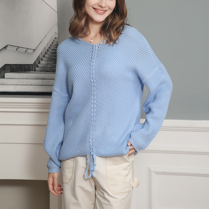 Damen Strickpullover mit Zopfmittelnaht, V‑Ausschnitt und Kordelzug Shop Nory