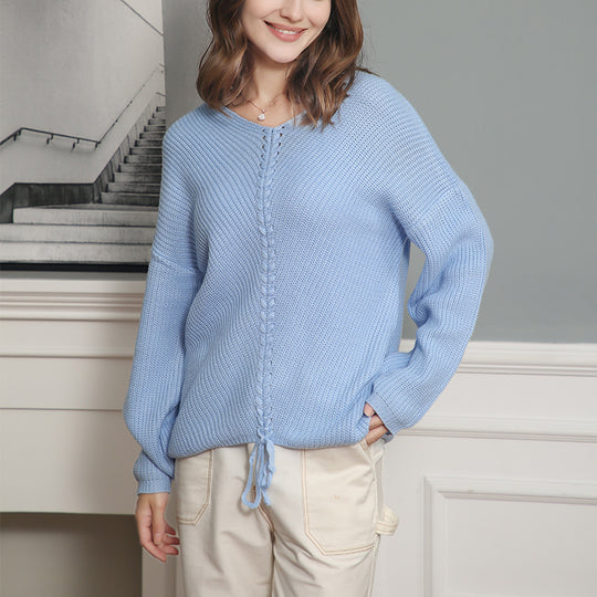 Damen Strickpullover mit Zopfmittelnaht, V‑Ausschnitt und Kordelzug Shop Nory