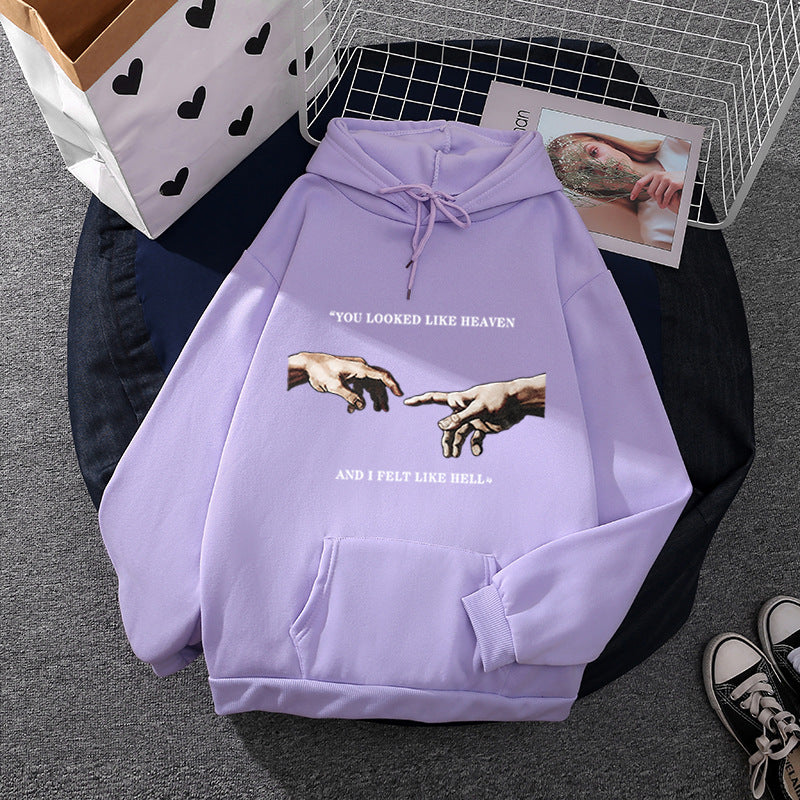 Damen nan Oversize Kapuzenpullover mit Kängurutasche und Renaissance‑Handmotiv, weiches Fleece Innenfutter Shop Nory
