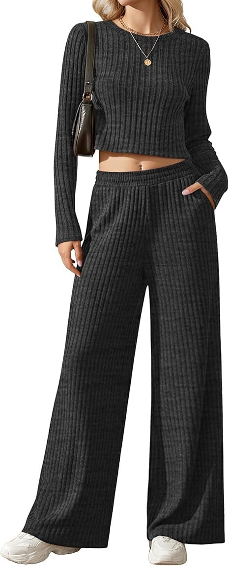 Damen Geripptes Feinstrick-Lounge-Set mit Cropped Langarmtop und High-Waist Palazzohose Shop Nory