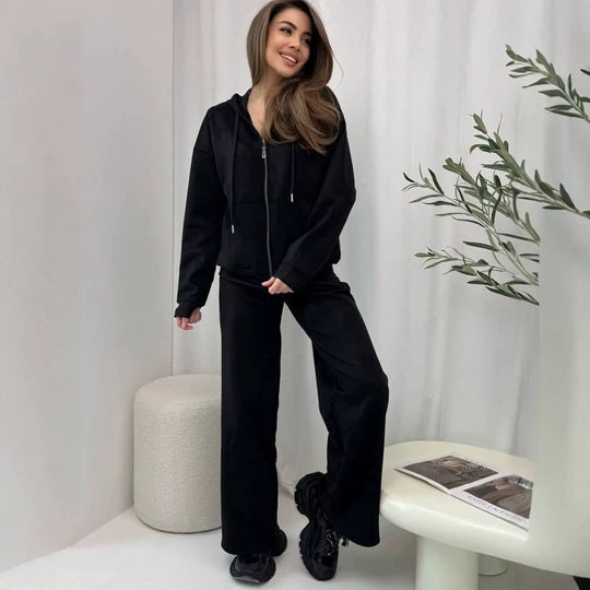 Damen Lässiges Kapuzen‑Sweatset mit Reißverschluss und weitem Jogger‑Schnitt Shop Nory