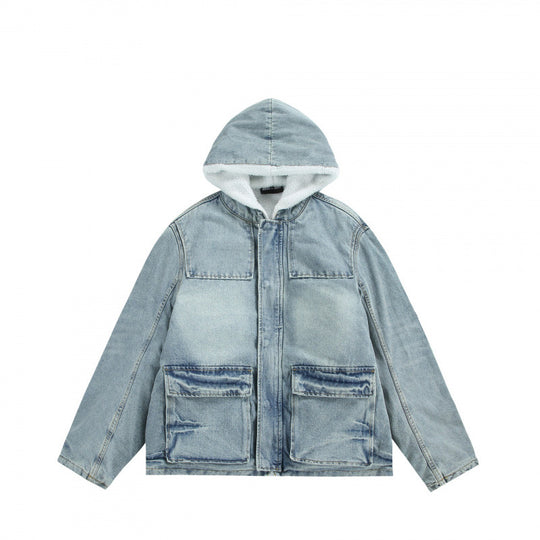 Unisex Kapuzen-Jeansparka im Used‑Look mit Teddyfleece-Futter und aufgesetzten Pattentaschen Shop Nory