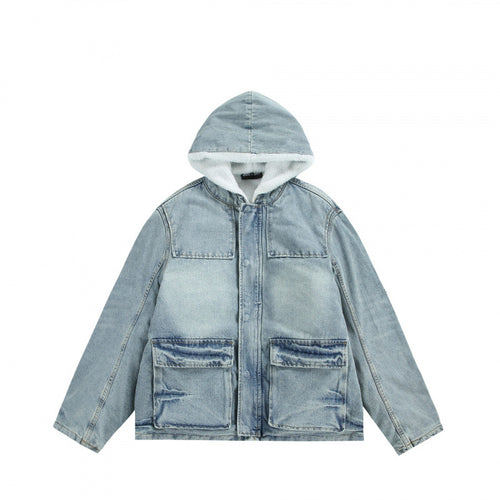 Unisex Kapuzen-Jeansparka im Used‑Look mit Teddyfleece-Futter und aufgesetzten Pattentaschen Shop Nory