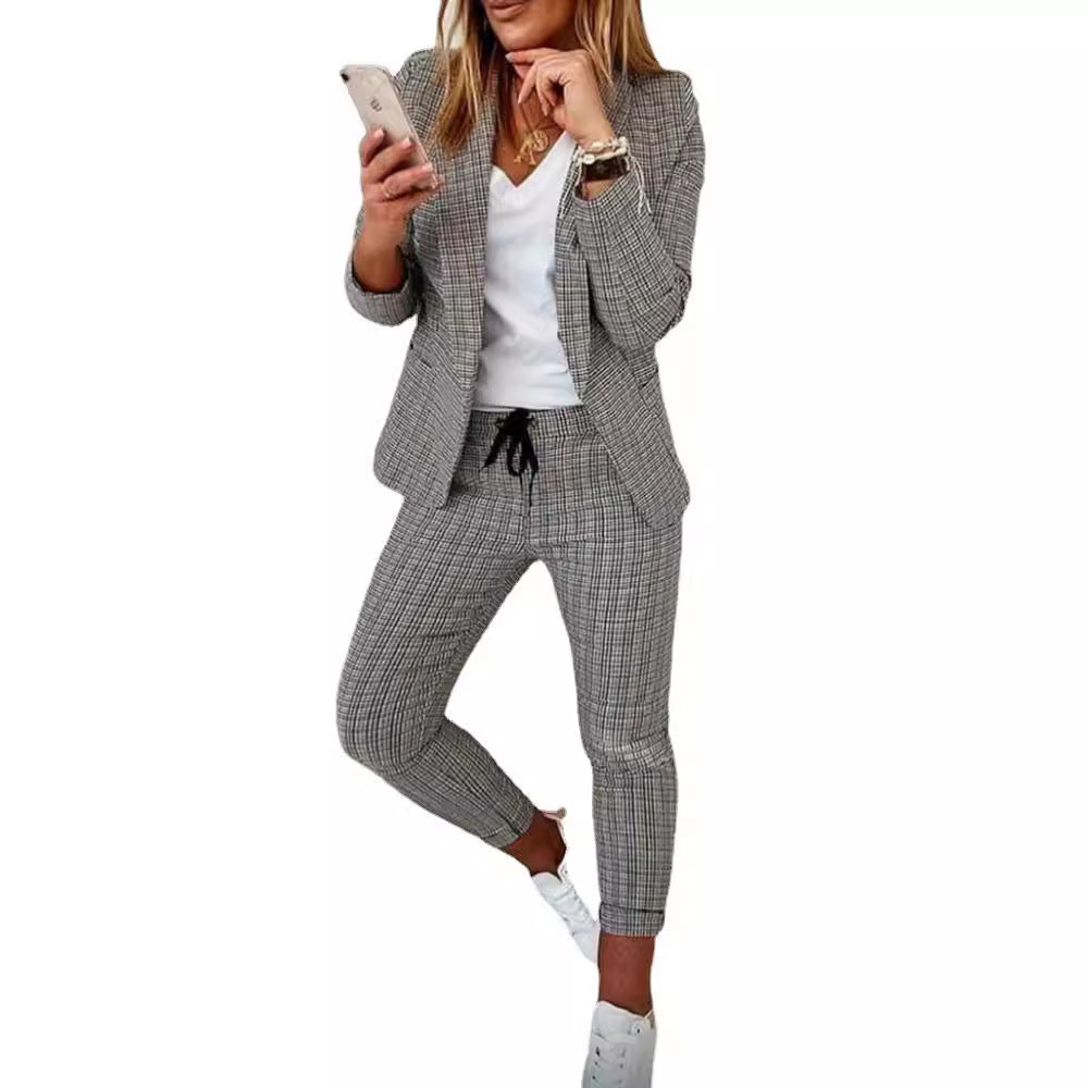 Damen nan zweiteiliges Karomuster Business-Casual Blazer-Set mit elastischer Bundhose Shop Nory