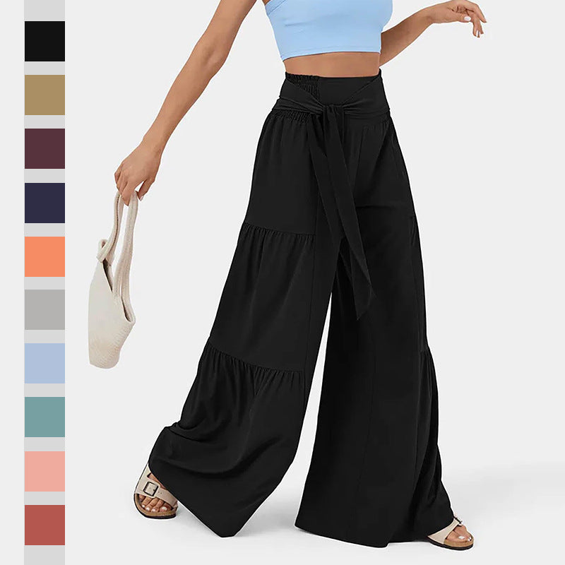 Damen weite Palazzo-Hose mit hoher Taille, bindbarem Taillenband und Stufensaum Shop Nory