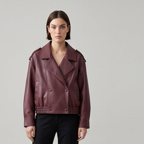 Damen Boxy-Lederimitat-Blouson mit strukturierter Narbung, doppelreihiger Knopfleiste & elastischem Saum Shop Nory