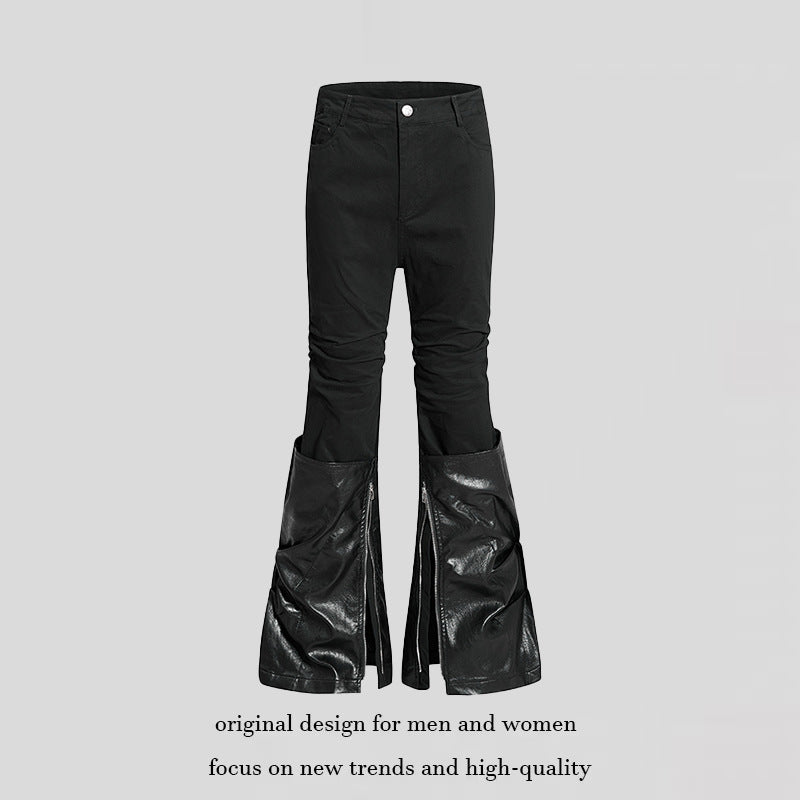 Damen High‑Waist Schlaghose mit abnehmbaren Kunstleder‑Unterschenkeln und Reißverschluss-Details Shop Nory