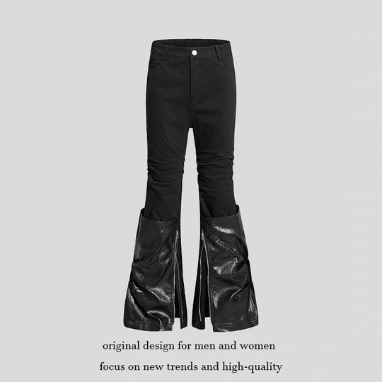 Damen High‑Waist Schlaghose mit abnehmbaren Kunstleder‑Unterschenkeln und Reißverschluss-Details Shop Nory