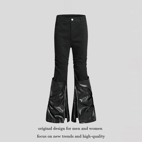 Damen High‑Waist Schlaghose mit abnehmbaren Kunstleder‑Unterschenkeln und Reißverschluss-Details Shop Nory