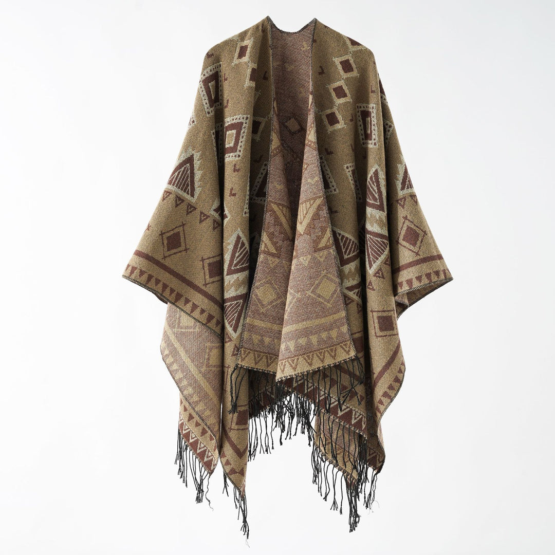 Damen Jacquard‑Wickelruana im Ethno‑Design mit Fransen und offenem Fall Shop Nory
