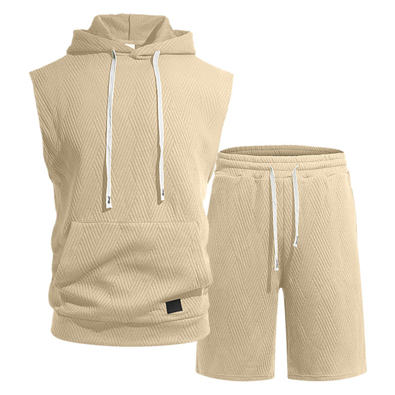 Herren nan ärmelloses Kapuzen-Lounge-Set aus strukturierter Baumwollmischung mit Kängurutasche und elastischer Freizeithose