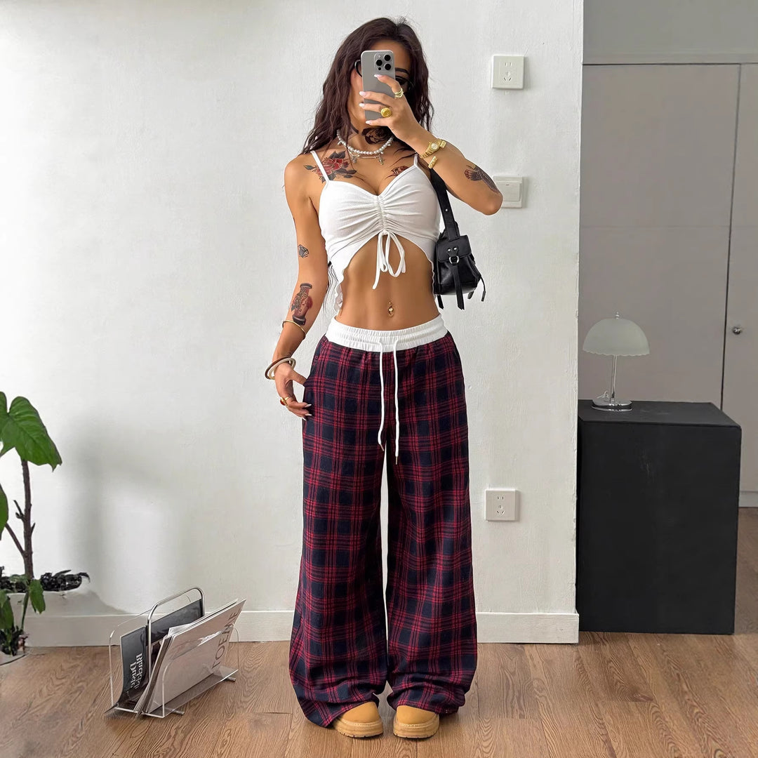 Damen weite karierte Lounge-Hose mit hohem Gummibund und Kordelzug Shop Nory