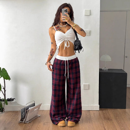 Damen weite karierte Lounge-Hose mit hohem Gummibund und Kordelzug Shop Nory